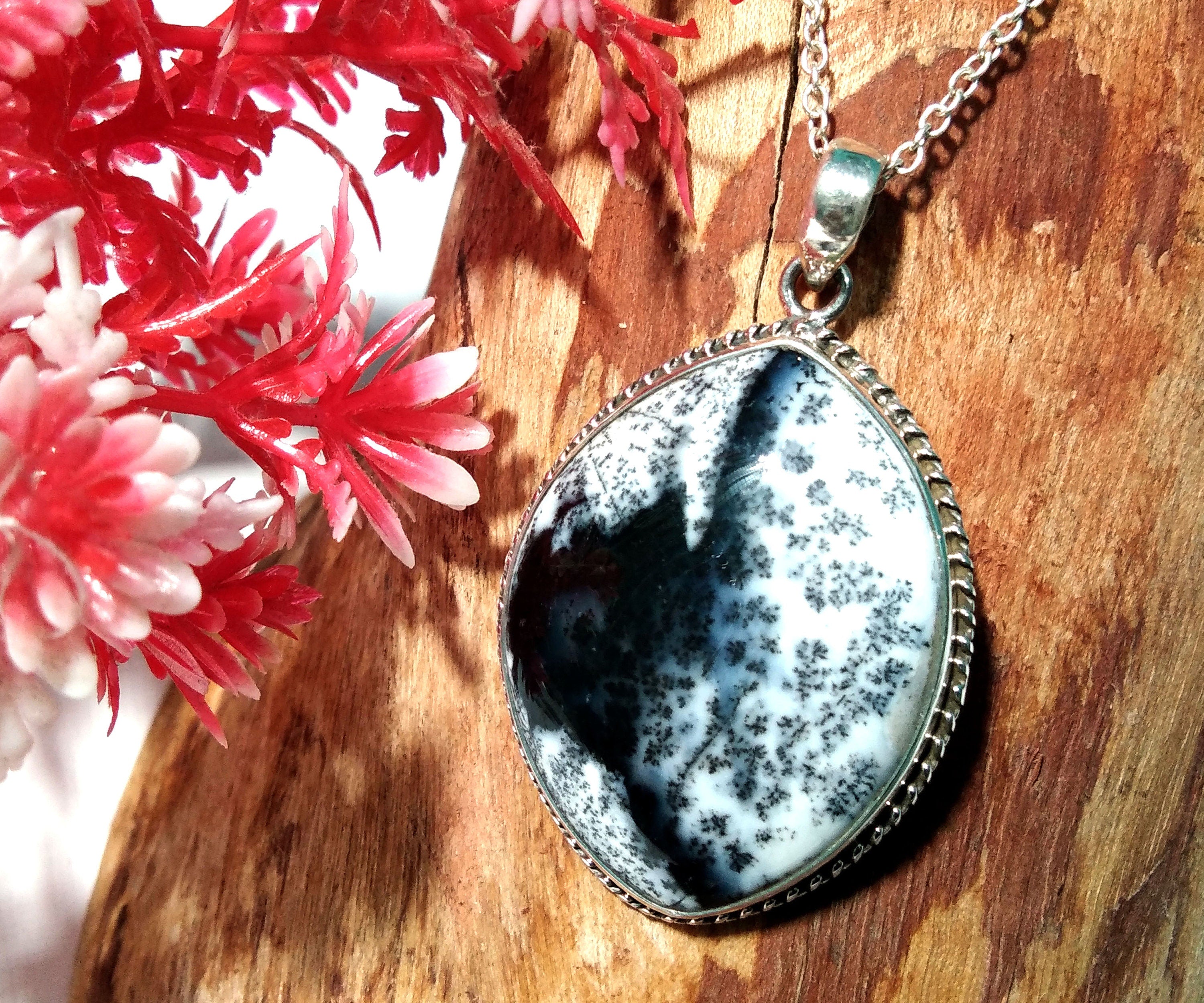 Natural Dendrite Opal Gemstone Pendant, 925 Solid Sterling Silver Design Pendant Chain, Fancy Shape For Gift Easter Pendant Jewelry